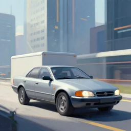 a sport sedan truck in a future city. style by peter elson and eyvind earle.