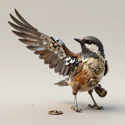 a bird that is repairing one of its wing with metal, realistic, steampunk, 4 k