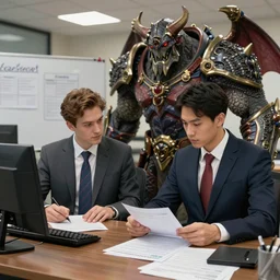 kiljaeden and archimonde in business suits doing their taxes, 4K artstation