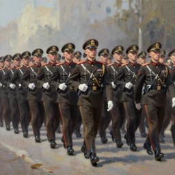 dark oil realistic painting a military parade