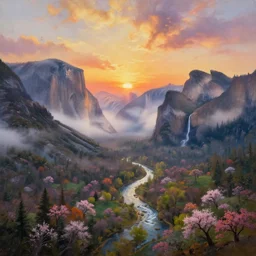The most beautiful panoramic landscape, oil painting, where the mountains are towering over the valley below their peaks shrouded in mist, the sun is just peeking over the horizon producing an awesome flare and the sky is ablaze with warm colors and stratus clouds. A giant dreamy waterfall creates a river, it is winding its way through the valley and the trees are starting to bloom in a great variety of colors, by Greg Rutkowski, aerial view