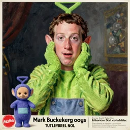 Mark Zuckerberg looks anxious dressed as a Teletubbies, hyperfeminine, oil on canvas painting from rococo era Mark Zuckerberg portrait, Mattel product, vintage advertisement CMYK coloured lithography in the style of Bjork, in the style of David O\'Reilly, directed by David Cronenberg, weirdcore cursed POV hidden