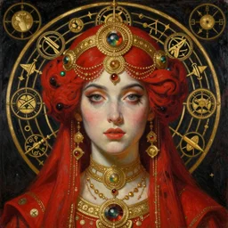 hyper realistic painting portrait of the red lady of mystery, occult diagram, elaborate details, detailed face, intrincate ornaments, gold decoration, occult art, oil painting, art noveau, in the style of roberto ferri, gustav moreau, david kassan, bussiere, saturno butto - c 9