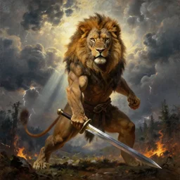 muscular lion as barbarian with sword in epic pose  , very textured detailed oil painting panoramic backlight portrait by rembrandt, backlight, dramatic clouds, thunder storm and forest on fire  ,sun rays