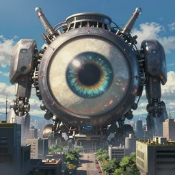 giant robotic eye building staring menacingly!!!, cyberpunk city, by makoto shinkai, greg rutkowski, artstation, high detailed, cgsociety
