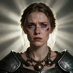 head and shoulders portrait of a female knight with a anxious expression, scars under her grey eyes. sad and tired, steam punk neclace. light rays behind her. photo in the style of david lachapelle.