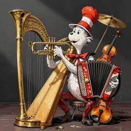 a complex whimsical musical instrument trumpet trombone harp violin accordion guitar drum cymbal, illustration by dr seuss