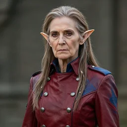 portrait of a beautiful aging elf with long light brown greying hair, thin long ears, her face is dour and authoritative, she is wearing a leather military uniform overcoat in red and blue, final fantasy character