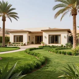 a beautiful desert house with flowing green garden around it
