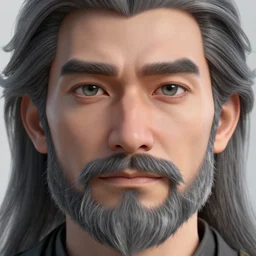 face closeup covered with 4 0 year old man, serious medium smile, medium sized eyebrows, gren grey eyes, pale skin, dark grey and silver ned kelly beard, shoulder long grey hair, symmetric face, 3 d render, hyper - realistic detailed portrait, ruan jia, wlop