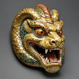 fantasy art ultra 4 k photo of a bizzare colorful golden warrior knight snake mask made of ceramic carved by h. r. giger