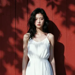 a beautiful young woman in the shadow of a red barn!. black hair, white!! dress!, sharp focus, digital art by wlop, cinematic lighting, intricate detail, dreamlike, high contrasts