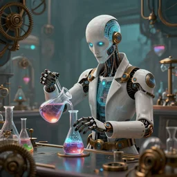A cybernetic alchemist mixing their chemicals, 4k steampunk concept art