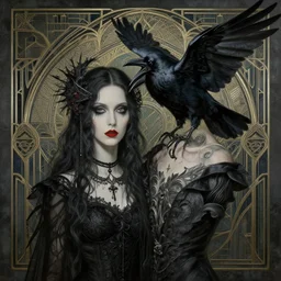 breathtaking detailed concept art painting art deco portrait of goth couple amalgamation raven, by hsiao - ron cheng, bizarre compositions, exquisite detail, extremely moody lighting, 8 k
