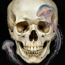 3 d close - up portrait of a human skull, traditional japanese art, liminal broken in to pieces fractured, swirly phoenix jellyfish, highly detailed, iridescent accents. by wlop, tooth wu, greg rutkowski, alena aenami, beeple