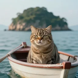 A large cat on a small boat, cinematic, Funny, lots of detail, large island in the background out of focus,
