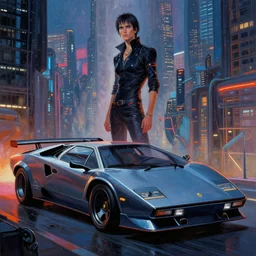 michael garmash painting of a cyberpunk city, cyberpunk car lamborgini counatch, blade runner style, visual byoperator roger deakins, by neill blomkamp, elysium and altered carbon style, extreamly detailed, by ghost in the shell, by mamoru oshii