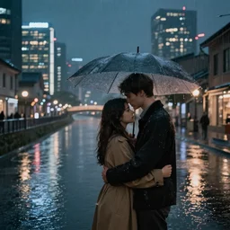 two lovers hugging in the rain at night in a modern chinese city next to a canal, high quality digital art, concept art, trending on arstation, dreamlike, cinematic lighting