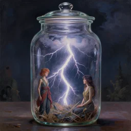 an intense lightning storm trapped inside a jar. beautiful detailed dramatic painting by artgerm and magali villanueve and james jean and art nouveau inspired