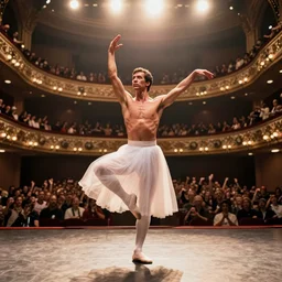 long shot of Chuck Norris wearing a ballet skirt, performing on stage in a big crowded Theatre