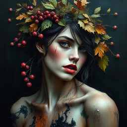 portrait of beautiful female model by irakli nadar with intricate detailed color smashing fluid oil paint and acrylic on the shoulder, berries and dried moss and dried autumn leaves headdress, haunting, elite, elegant, melting wax, mycelia, abstract impressionism, ruan jia, dark fantasy, hyper detailed, concept art, by gustav klimt,