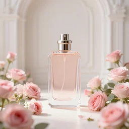 perfume bottle standing in white enchanted garden of pink flowers, roses in an ivory room well contoured smooth fair walls, up close shot, sharp focus, global illumination, radiant light, surral photography, octane highly render, 4 k, ultra hd,