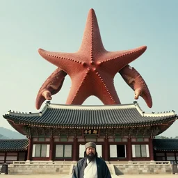 humanoid kaiju starfish creature looming over a korean palace, cinematic korean thriller produced by kim jong - il, 1 9 5 0 s, cooke varotal 2 0 - 1 0 0 t 3. 1