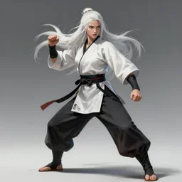 detailed, sharp, full body portrait of a white-haired female martial artist, trending on artstation, anime arts, featured on Pixiv, HD, 8K, highly detailed, good lighting, beautiful, epic, masterpiece, in the style of Ilya Kuvshinov and Greg Rutkowski