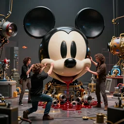 netflix movie studio with mechanics trying to fix a huge bleeding mickey head, diorama, dof, zeiss lens, detailed, centered, fashion photoshoot, by nicoletta ceccoli, mark ryden, lostfish, artgerm and beeple, shiny, breathtaking, 8 k resolution, extremely detailed, beautiful, artistic, hyperrealistic, octane render