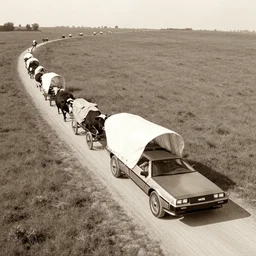 a birdseye view sepia photograph of a delorean turned into a covered wagon, traveling in a line with covered wagons and cattle