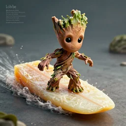 little Groot is riding a surfboard shapes like a bar of soap, cinematic angle, poster style