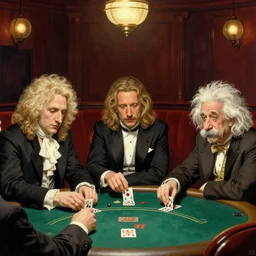 playing poker in a saloon, Isaac Newton and Stephen Hawking and Albert Einstein, by Mandy Jurgens, trending on artstation, Richard Schmid and norman rockwell