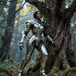 hyperrealistic post - classical cinematic super expressive! black woman with exoskeleton armor, merging with tree in a forest, highly detailed digital art masterpiece, smooth cam de leon eric zener dramatic pearlescent soft blue yellow light, ground angle hd 8 k, sharp focus