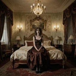 a girl in a liminal hotel room, insanely detailed and intricate, ancient vintage colored photography, eerie, weird, surreal, strong lights, elegant, ornate