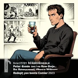a man sitting in a chair with a glass in his hand, a comic book panel by peter bagge, reddit contest winner, underground comix, creepypasta, criterion collection, epic