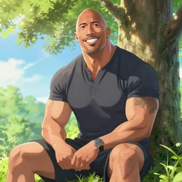 photorealistic Dwayne Johnson meets a beautiful smiling photorealistic Dwayne Johnson sitting under a tree, anime key visual, digital art, anime screenshot, kyoto animation, makoto shinkai, trending on artstation