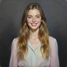 epic painting drawing, full figure portrait of beautiful shy happy supermodel wearing pastel blouse, long wavy hair, dark smoky background, photography by amy leibowitz, wlop, jeremy lipkin, beeple, intricate, symmetrical front portrait, artgerm