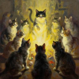 cats conducting a fascist uprising, volumetric light, glare, oil in canvas