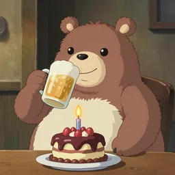 Happy bear drink beer on birhtday by Hayao Miyazaki, trending on artstation