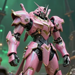 hyperrealistic hyperdetailed medieval mecha iridescent pink covered in medieval type battle war concept art santiago caruso de chirico sharp very dramatic green light 8k low angle shallow depth of field