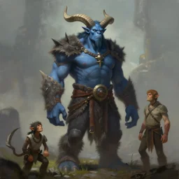 masterpiece painting of a blue skinned tall orc with long horns, featured in artstation, concept art by Greg Rutkowski, WLOP, Dan Mumford, Christophe Vacher