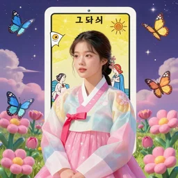 pretty korean woman wearing beatiful hanbok, face by artgerm, bright pastel colors, studio ghibli painterly style, trending on artstation, tarot card, against a psychedelic surreal background with 3 d butterflies and 3 d flowers n the style of 1 9 9 0's cg graphics against the cloudy night sky, lsd dream emulator psx, 3 d rendered y 2 k aesthetic by ichiro tanida, 3 do magazine, wide shot
