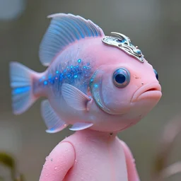 natural light, soft focus portrait of a cyberpunk anthropomorphic angler fish with soft synthetic pink skin, blue bioluminescent plastics, smooth shiny metal, elaborate ornate head piece, piercings, skin textures, by annie leibovitz, paul lehr