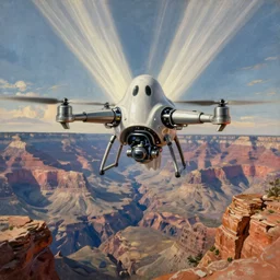 classic painting of a detailed robotic ghost in the shell like drone flying above the great canyon, light rays, deep detailed rock, concept art, oil painting style, by leonardo da vinci, rtx hdr