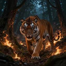 tiger sneaks in the night burning forest, mystery, scared, fantasy, dark, highly detailed, digital painting, concept art, sharp focus, illustration, epic light, artstation