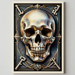 1 9 7 0 s airbrushed poster featuring art deco chrome skull, key light, intricate ornamental designs