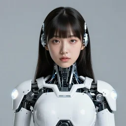 beautiful centered photo portrait of korean girl as a solarpunk cyborg with white mechanical parts and implanted bright halogen lamps, treading on calm water, ultra - realistic and detailed, sun lit, white background, bokeh, soft focus, slow exposure hdr 8 k