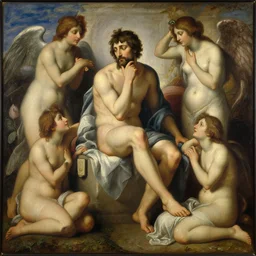 painting of a thinking man sitting on a stone surrounded by nymphs