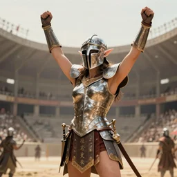 female elf roman gladiator, wearing a helmet, arena in background, victory pose, digital art, fantasy art by john blanche, larry elmore