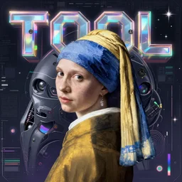 Vermeer photographed photorealistic vfx movie cyberpunk aesthetic TOOL album holographic cover art of a giant mech warrior. 3D octane, trending on artstation.
